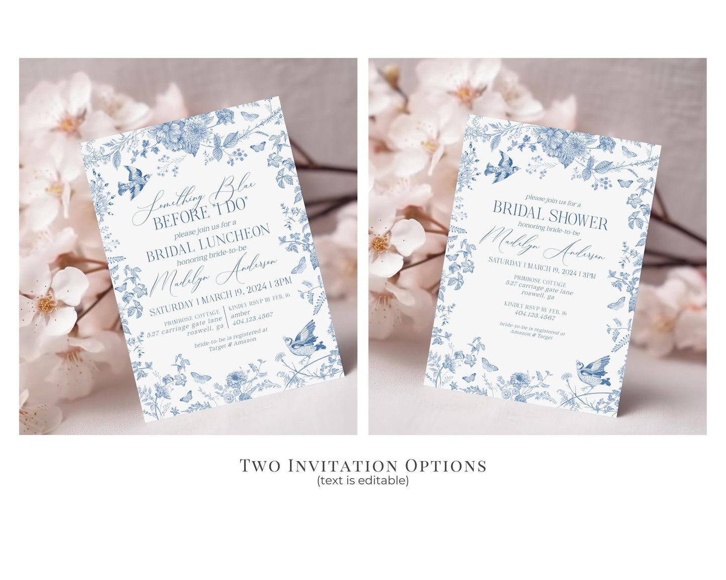 Blue Toile De Jouy Bridal Shower Printable Bundle, Something Blue Before I Do French Chinoiserie Spring Wildflower Bridal Brunch wp1004