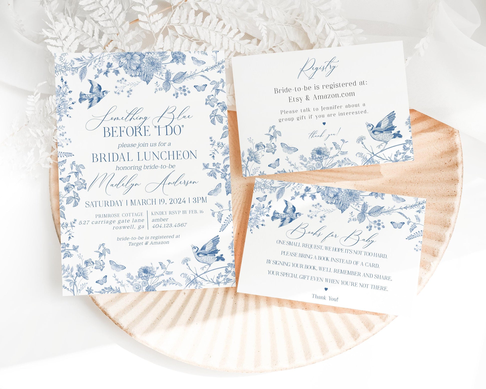 Blue Toile De Jouy Bridal Shower Invitation Bundle Template, Something Blue Before I Do Chinoiserie Wildflower Bridal Brunch wp1004