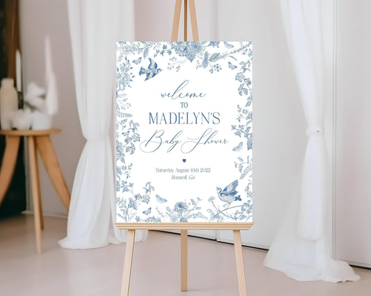 Blue Toile De Jouy Baby Shower Welcome Sign Template, Baby in Bloom Wildflower Chinoiserie Baby Brunch Spring Toile Butterflies Birds WP1004