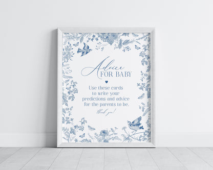 Blue Toile De Jouy Advice for Baby Cards Template, Baby in Bloom Wildflower Chinoiserie Baby Brunch Spring Toile Butterflies Birds WP1004