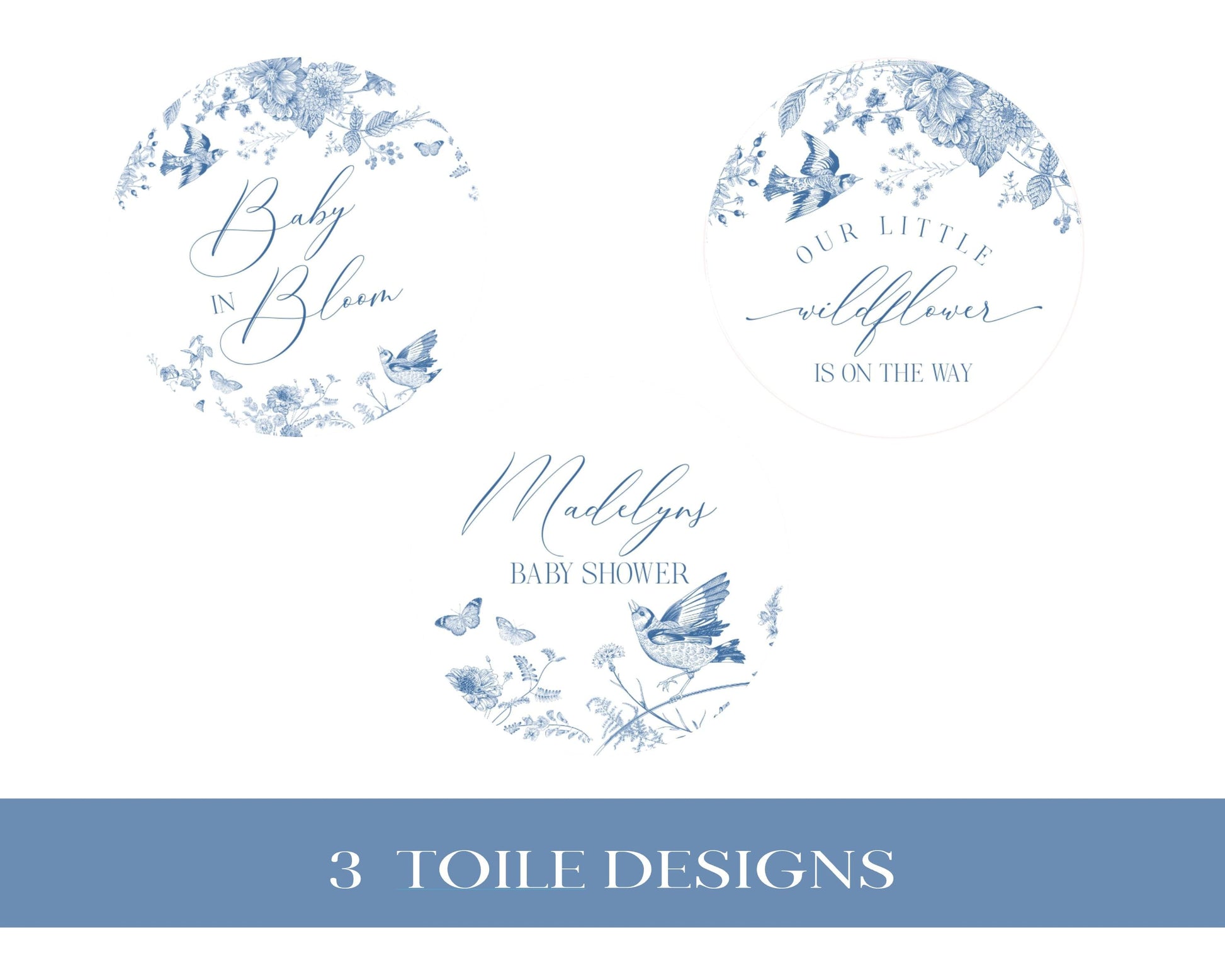 Blue Toile De Jouy Baby Shower Cupcake Toppers Template, Baby in Bloom Wildflower Chinoiserie Baby Brunch Toile Butterflies and Birds WP1004