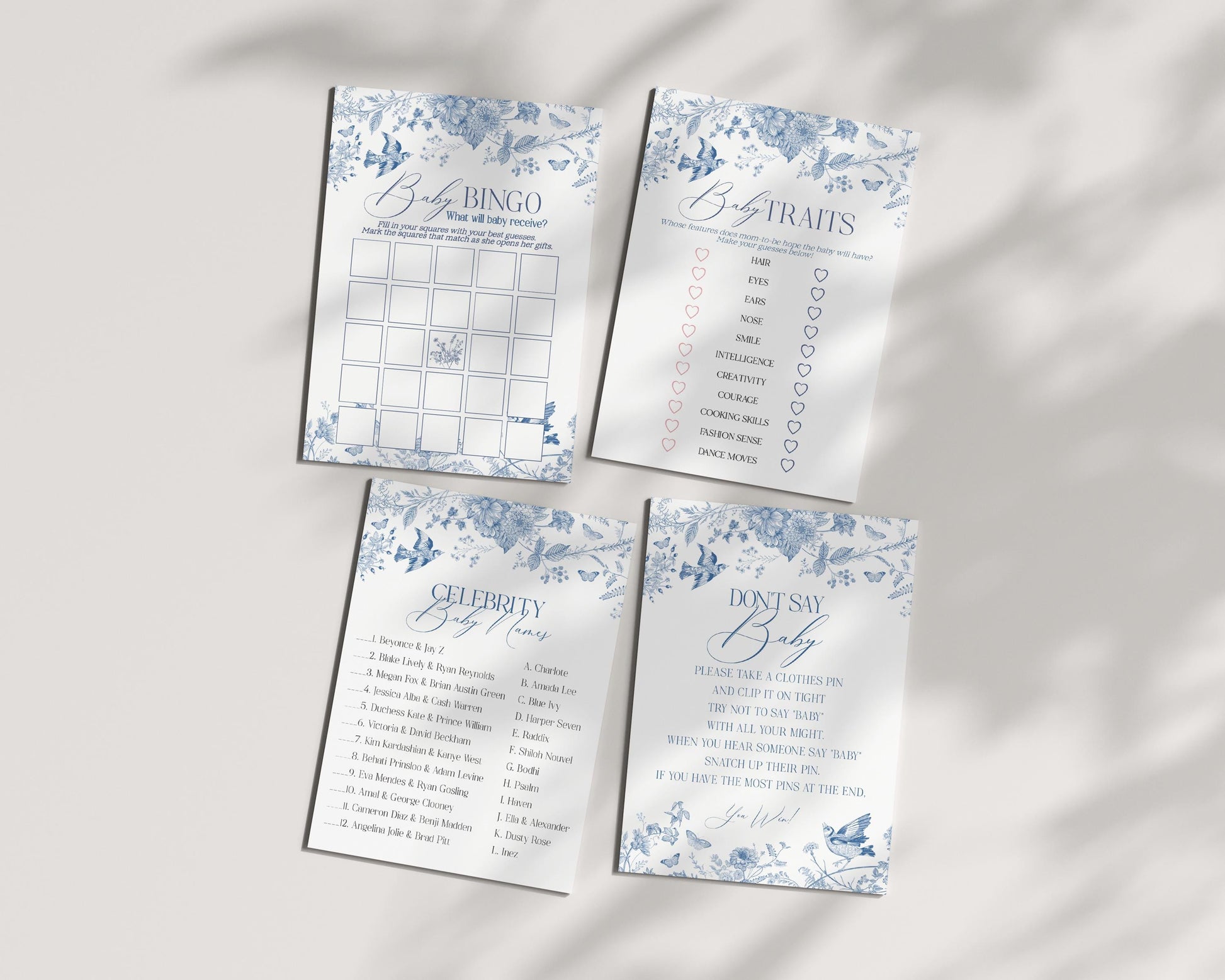 Blue Toile De Jouy Baby Shower Games Set Printable Template, Baby in Bloom Wildflower Chinoiserie Baby Brunch Toile Butterflies Birds WP1004