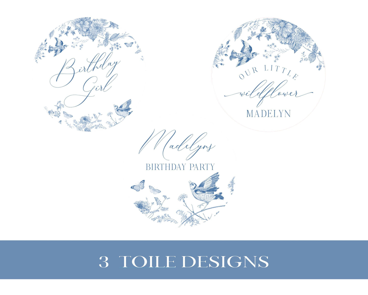 Blue Toile De Jouy Birthday Cupcake Toppers Template, Chinoiserie Birthday Party Decor, Wildflower Toile Butterflies and Birds WP1004