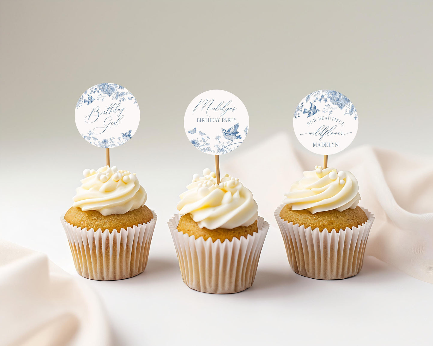 Blue Toile De Jouy Birthday Cupcake Toppers Template, Chinoiserie Birthday Party Decor, Wildflower Toile Butterflies and Birds WP1004