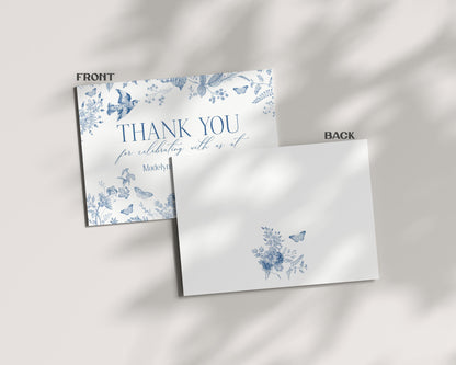 Blue Toile De Jouy Thank You Card Template, Baby in Bloom Wildflower Chinoiserie Baby Shower Something Blue Before I Do Bridal Shower WP1004