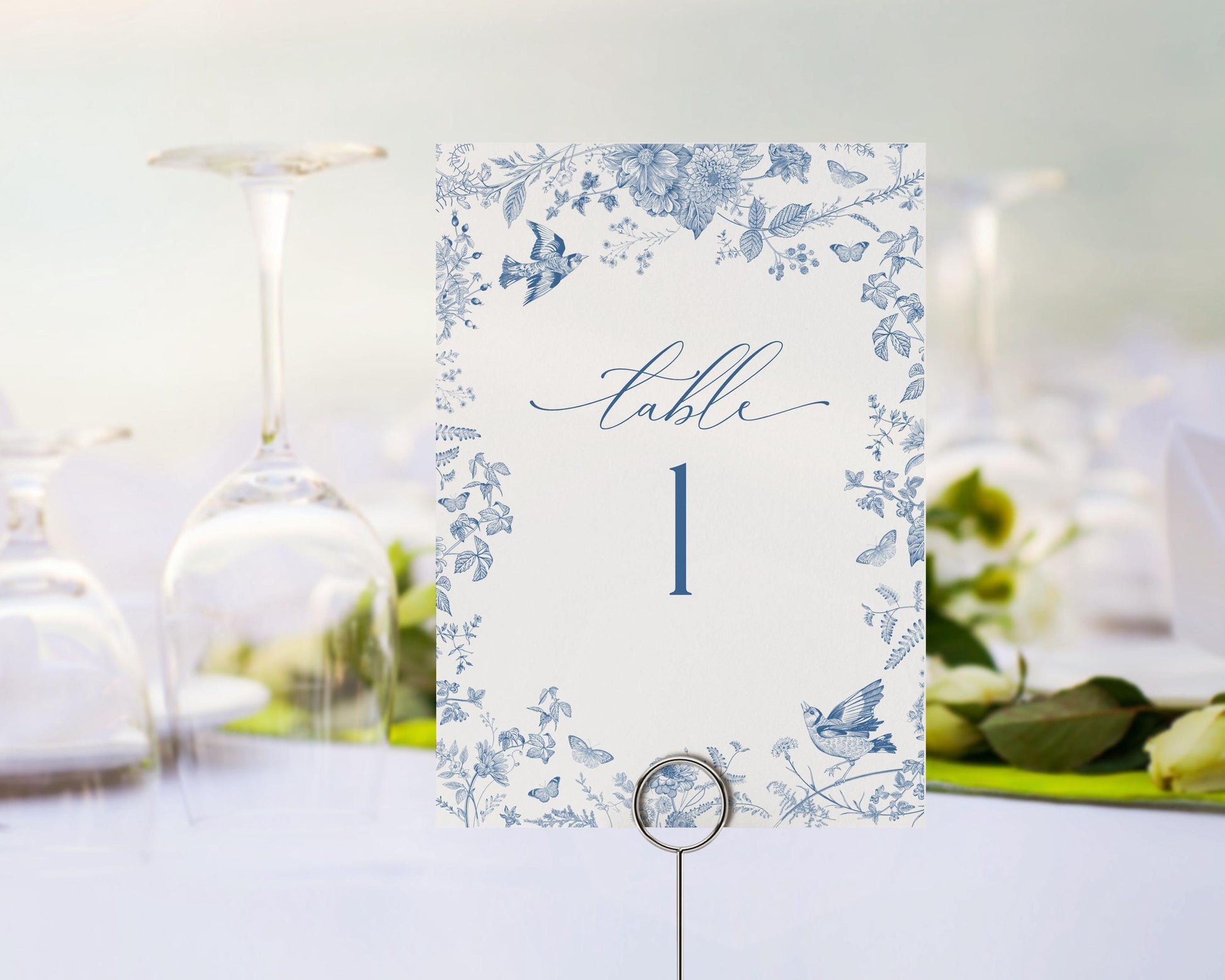 Blue Toile De Jouy Table Number Cards Printable Template, Something Blue Before I Do spring bridal shower Wedding, Baby in Bloom Baby Shower