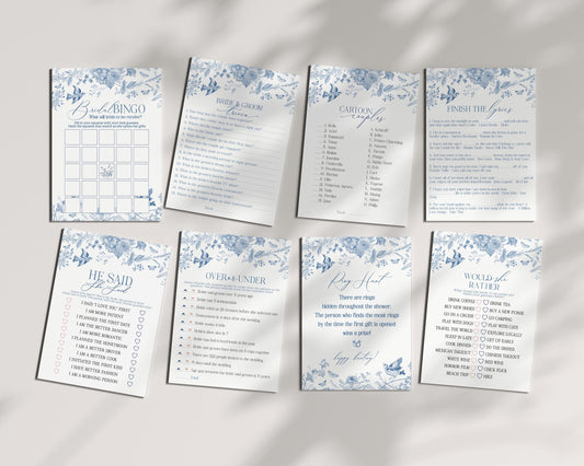 Blue Toile De Jouy Bridal Shower Games Set Printable Template, Something Blue Before I Do French Chinoiserie Wildflower Bridal Brunch wp1004