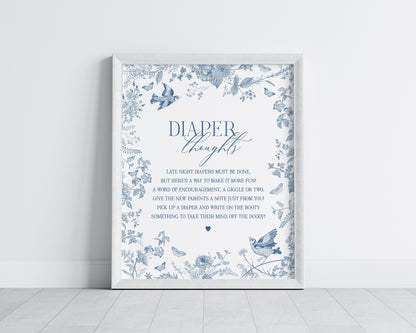 Blue Toile De Jouy Baby Shower Diaper Thoughts Template, Baby in Bloom Wildflower Chinoiserie Baby Brunch Toile Butterflies and Birds WP1004