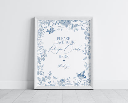 Blue Toile De Jouy Recipe Card Template for Bridal Shower, Something Blue Before I Do French Chinoiserie Wildflower Bridal Brunch wp1004