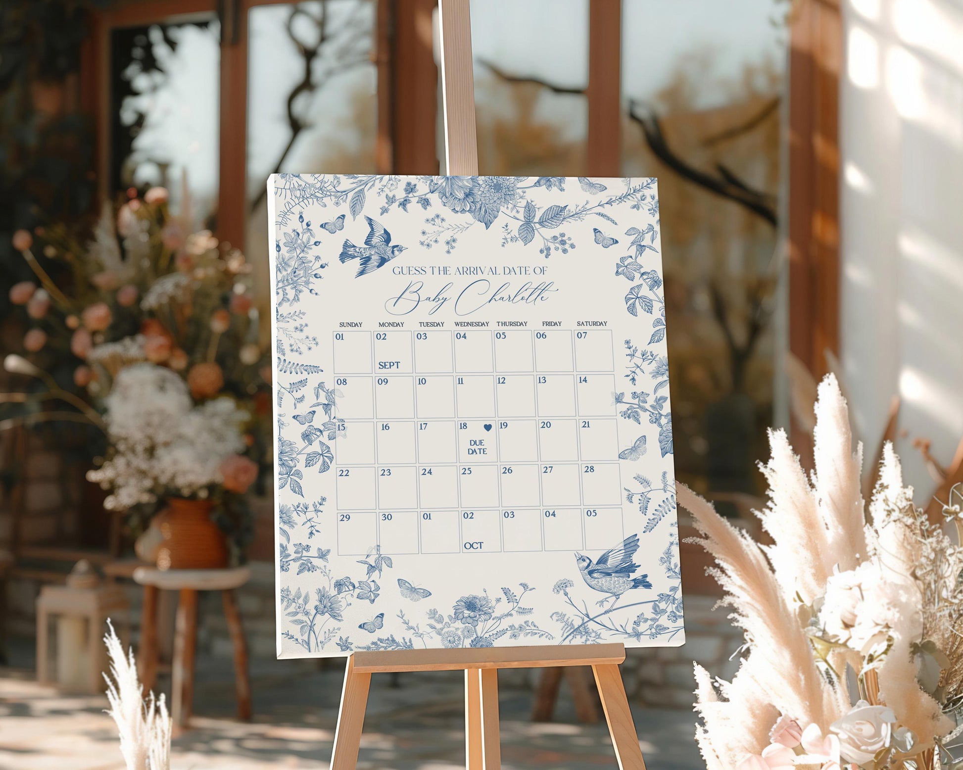 Blue Toile De Jouy Baby Shower Guess the Date Game Template, Baby in Bloom Wildflower Chinoiserie Baby Brunch Toile Butterflies Birds WP1004