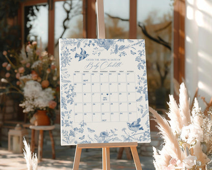 Blue Toile De Jouy Baby Shower Guess the Date Game Template, Baby in Bloom Wildflower Chinoiserie Baby Brunch Toile Butterflies Birds WP1004