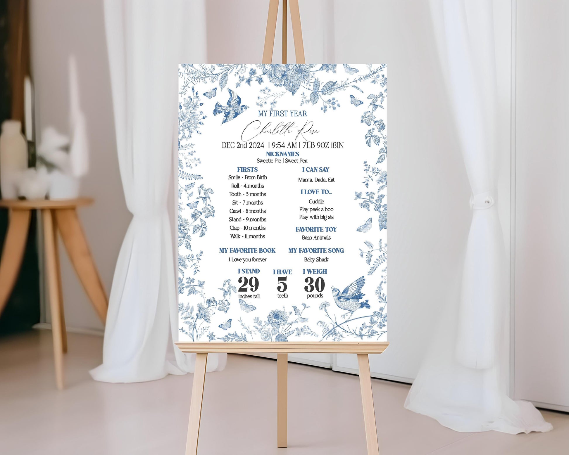 Blue Toile De Jouy First Year Milestone Sign Template, Chinoiserie 1st Birthday Party Decor, Wildflower Toile Butterflies and Birds WP1004