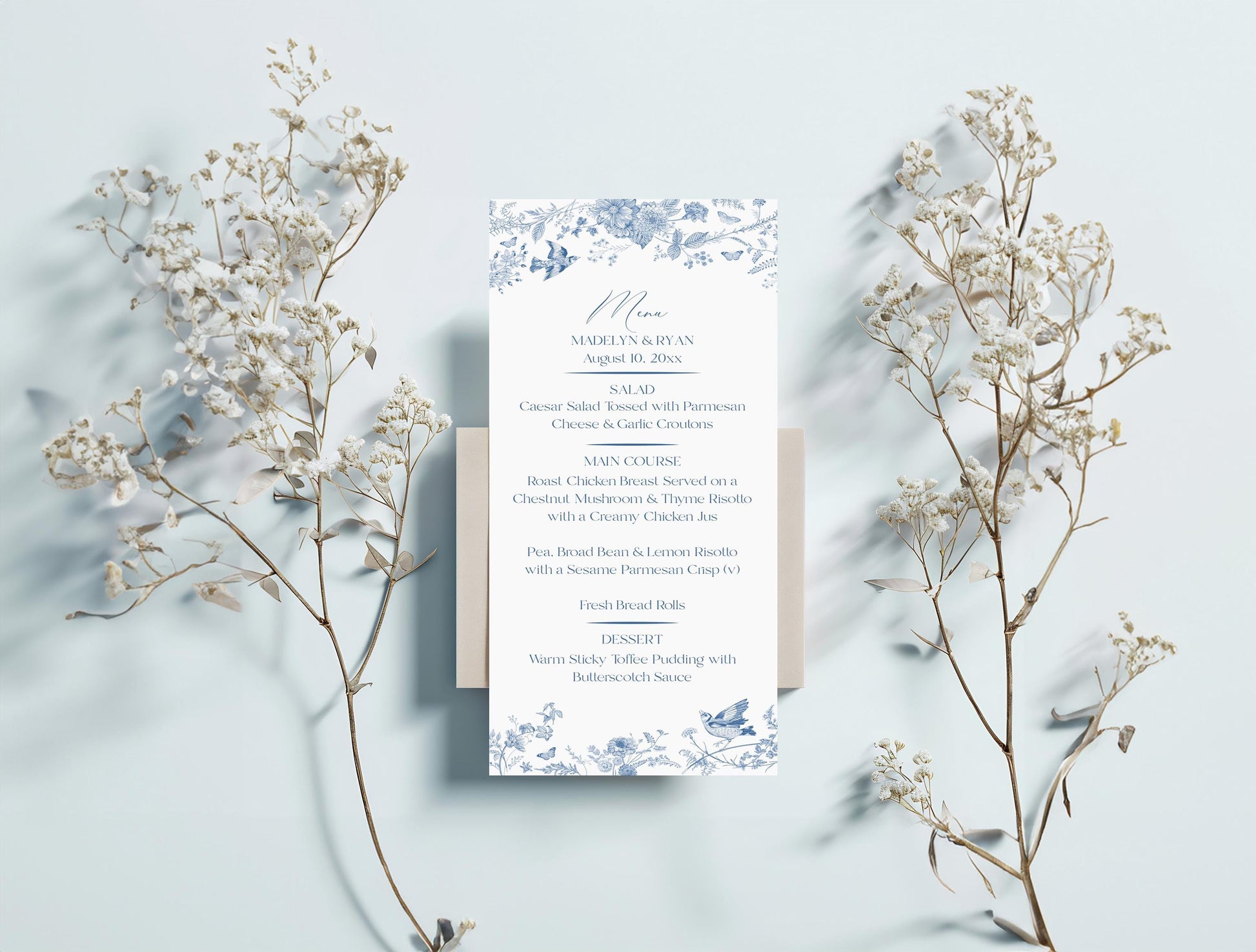 Blue Toile De Jouy Printable Wedding Menu Template, Something Blue Before I Do French Chinoiserie Spring Wildflower Bridal Brunch wp1004