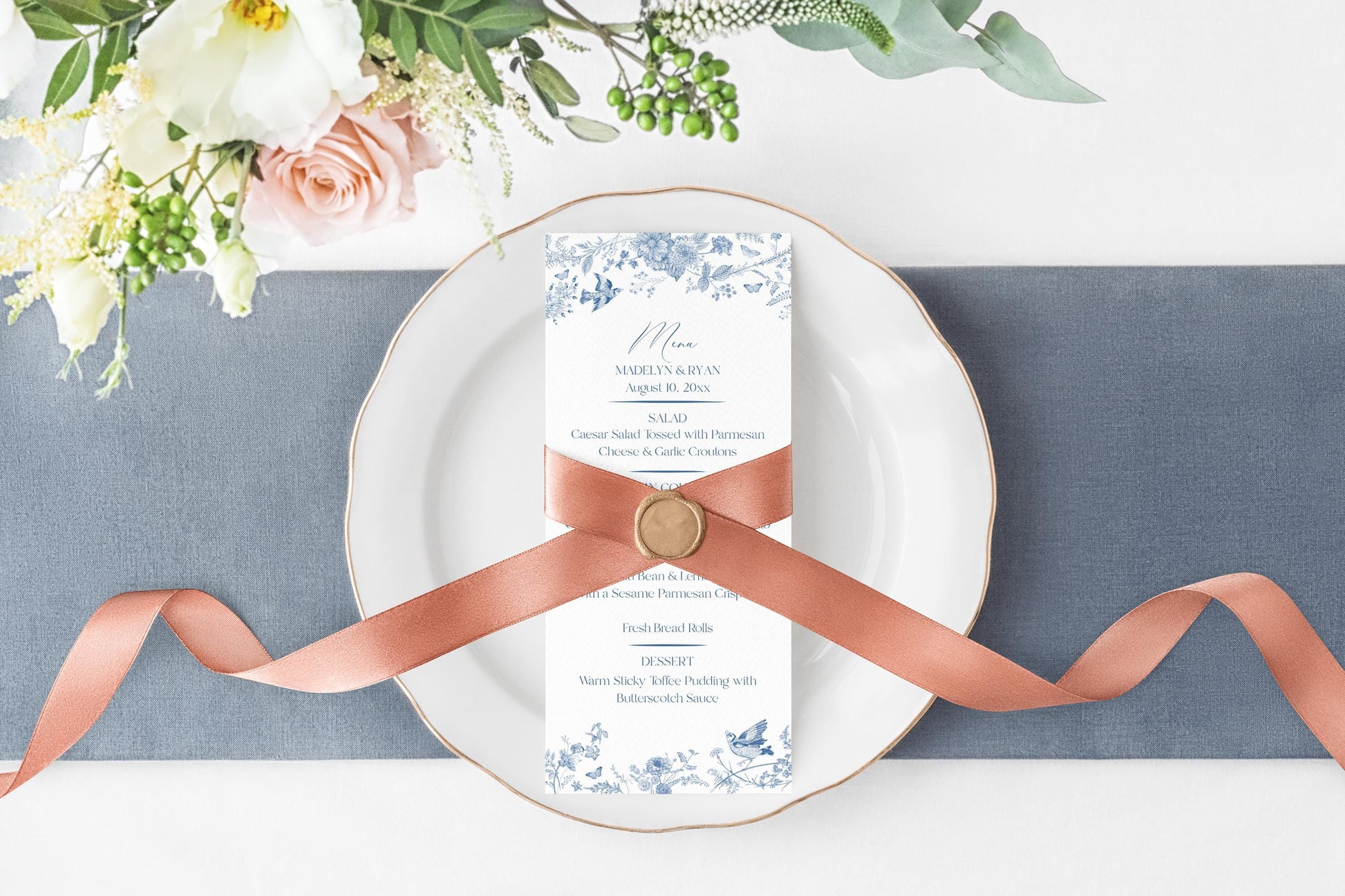 Blue Toile De Jouy Printable Wedding Menu Template, Something Blue Before I Do French Chinoiserie Spring Wildflower Bridal Brunch wp1004