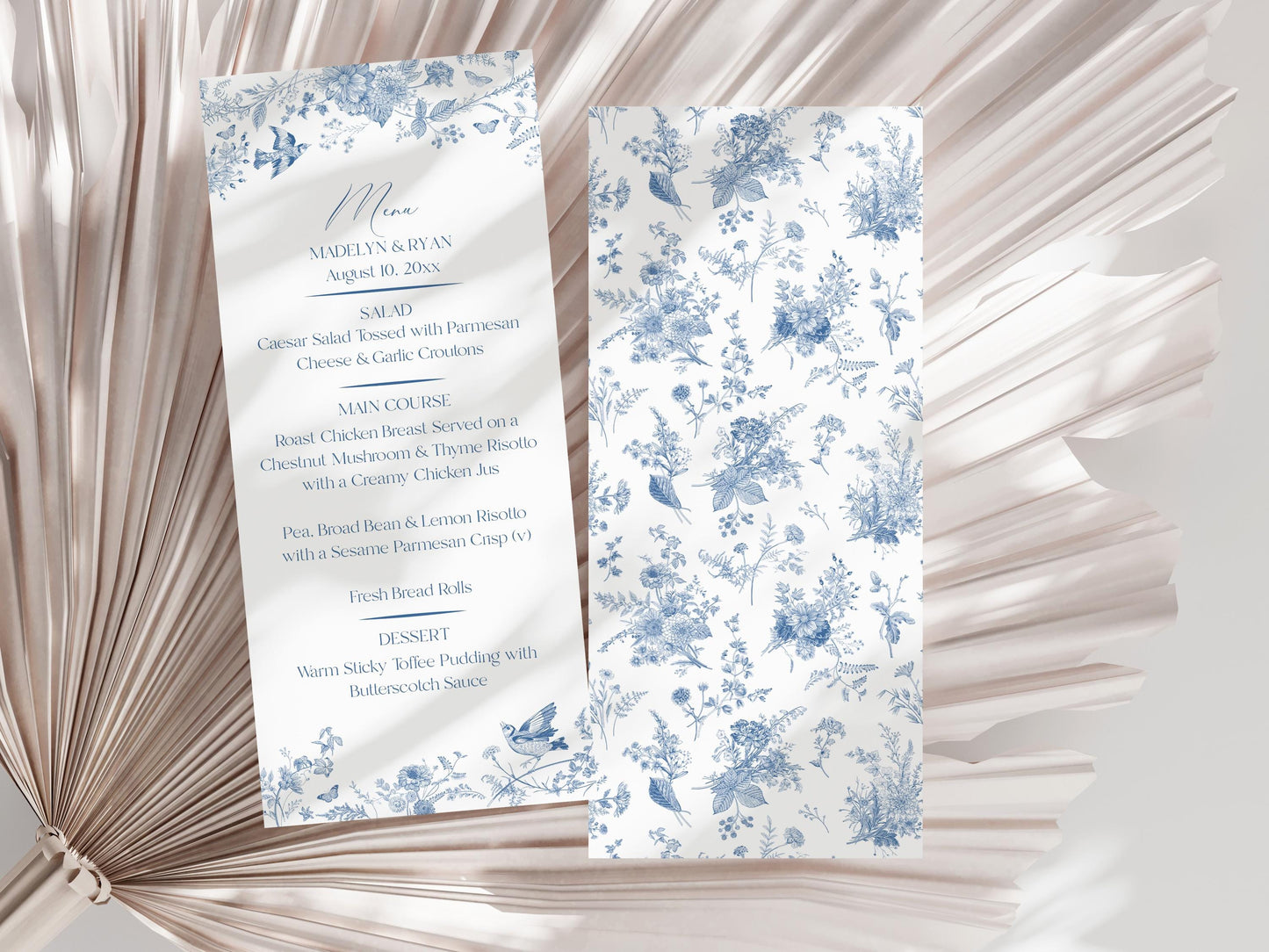 Blue Toile De Jouy Printable Wedding Menu Template, Something Blue Before I Do French Chinoiserie Spring Wildflower Bridal Brunch wp1004