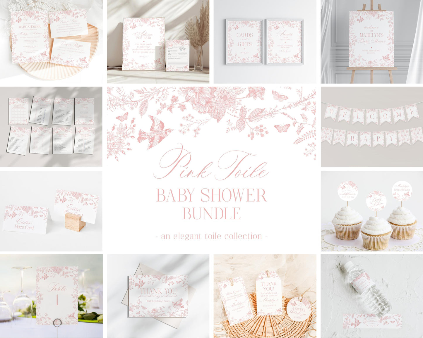 Pink Toile De Jouy Baby Shower Printable Bundle, Pink Wildflower Chinoiserie Baby Sprinkle for Girl French Floral Baby in Bloom Decor WP1011