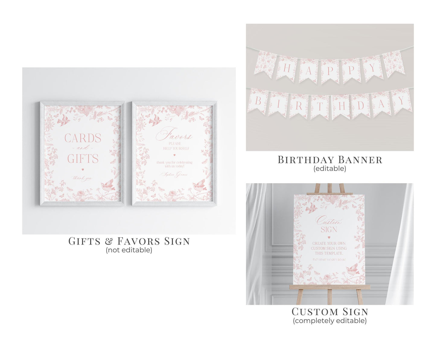 Pink Toile De Jouy First Birthday Bundle Printable Template, Pink Wildflower Chinoiserie 1st Birthday Party for Girl, French Floral WP1011