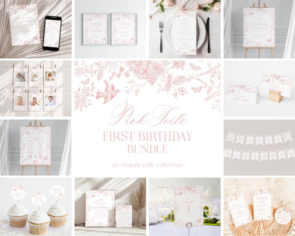 Pink Toile De Jouy First Birthday Bundle Printable Template, Pink Wildflower Chinoiserie 1st Birthday Party for Girl, French Floral WP1011