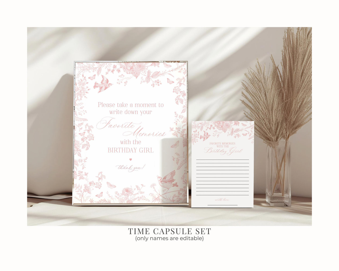 Pink Toile De Jouy Birthday Bundle Printable Template, Pink Wildflower Chinoiserie Birthday Party for Girl, French Floral Party Decor WP1011