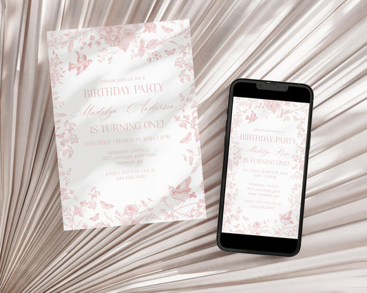 Pink Toile De Jouy Birthday Invitation Printable Template, Pink Wildflower Chinoiserie Birthday Party Girl, French Floral Party Decor WP1011