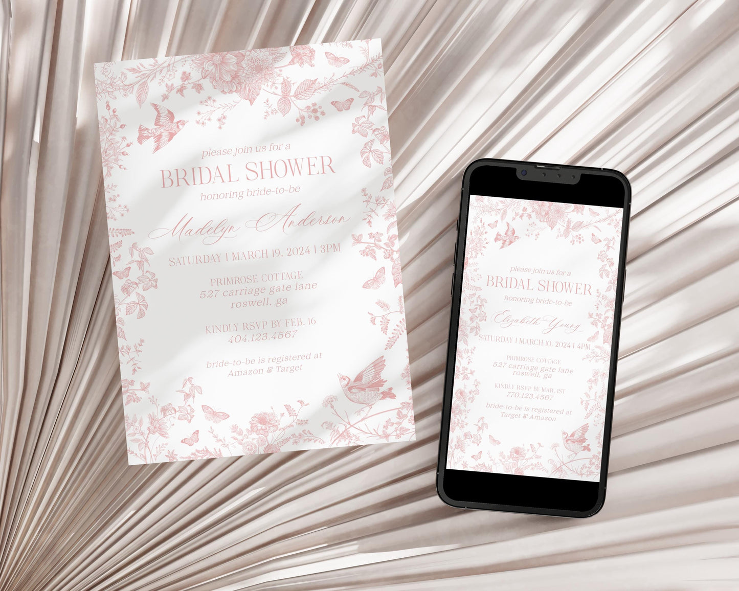 Pink Toile De Jouy Bridal Shower Invite Printable Template, Wildflower Chinoiserie Bridal Brunch French Floral Wedding Love in Bloom WP1011