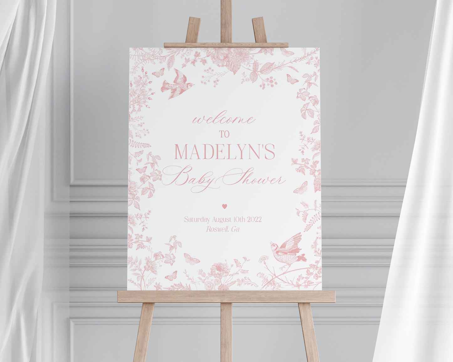 Pink Toile De Jouy Baby Shower Welcome Sign Template, Pink Wildflower Chinoiserie Girl Baby Sprinkle French Floral Baby in Boom WP1011