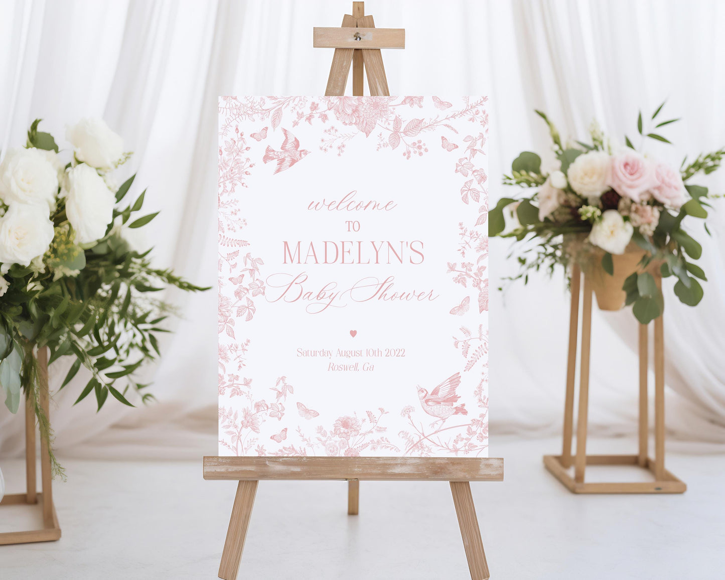 Pink Toile De Jouy Baby Shower Welcome Sign Template, Pink Wildflower Chinoiserie Girl Baby Sprinkle French Floral Baby in Boom WP1011