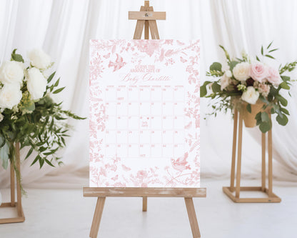 Pink Toile De Jouy Baby Shower Guess the Date Game Template, Wildflower Chinoiserie Girl Baby Sprinkle French Floral Baby in Boom WP1011