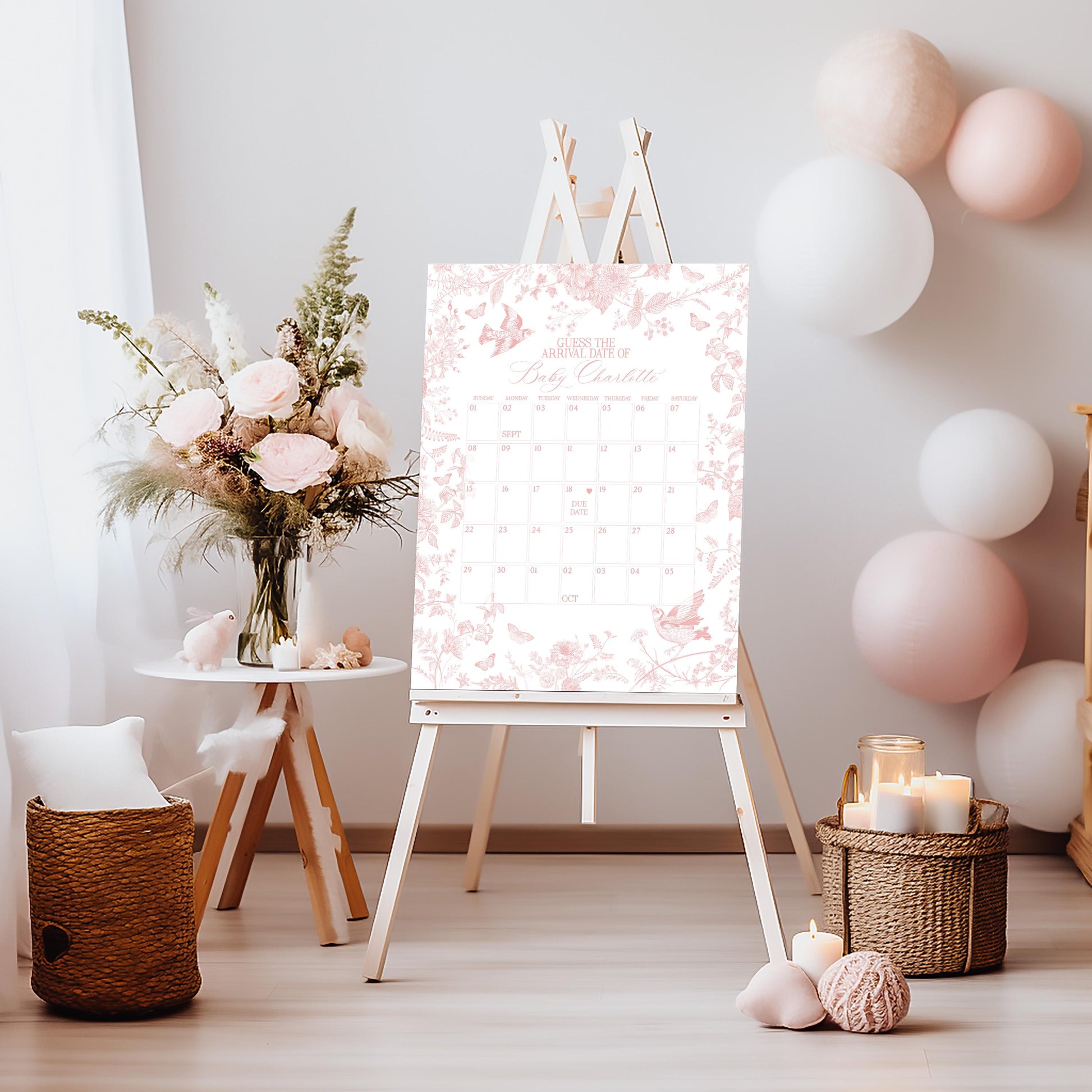 Pink Toile De Jouy Baby Shower Guess the Date Game Template, Wildflower Chinoiserie Girl Baby Sprinkle French Floral Baby in Boom WP1011