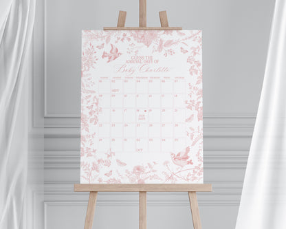 Pink Toile De Jouy Baby Shower Guess the Date Game Template, Wildflower Chinoiserie Girl Baby Sprinkle French Floral Baby in Boom WP1011