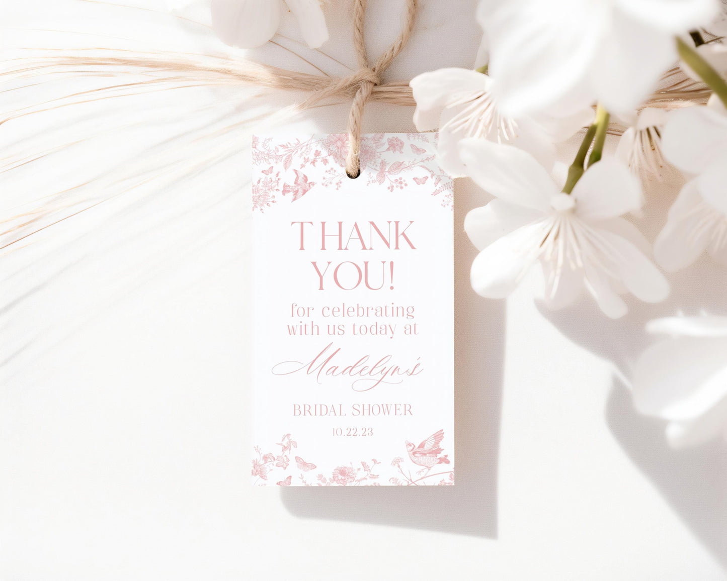 Pink Toile De Jouy Bridal Shower Favor Tags Template, Wildflower Chinoiserie Bridal Brunch French Floral Wedding, Love is in Bloom WP1011