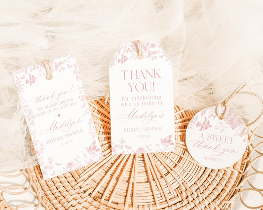 Pink Toile De Jouy Bridal Shower Favor Tags Template, Wildflower Chinoiserie Bridal Brunch French Floral Wedding, Love is in Bloom WP1011