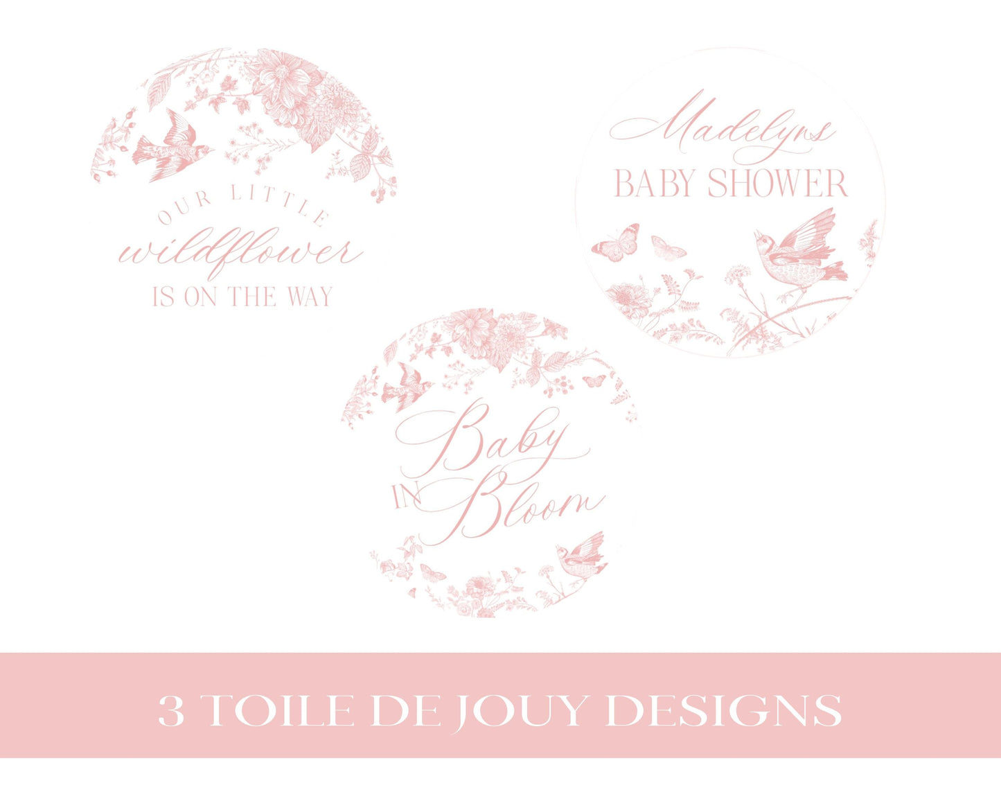 Pink Toile De Jouy Baby Shower Cupcake Toppers Template, Wildflower Chinoiserie Baby Sprinkle Girl, French Floral Shower Baby in Boom WP1011