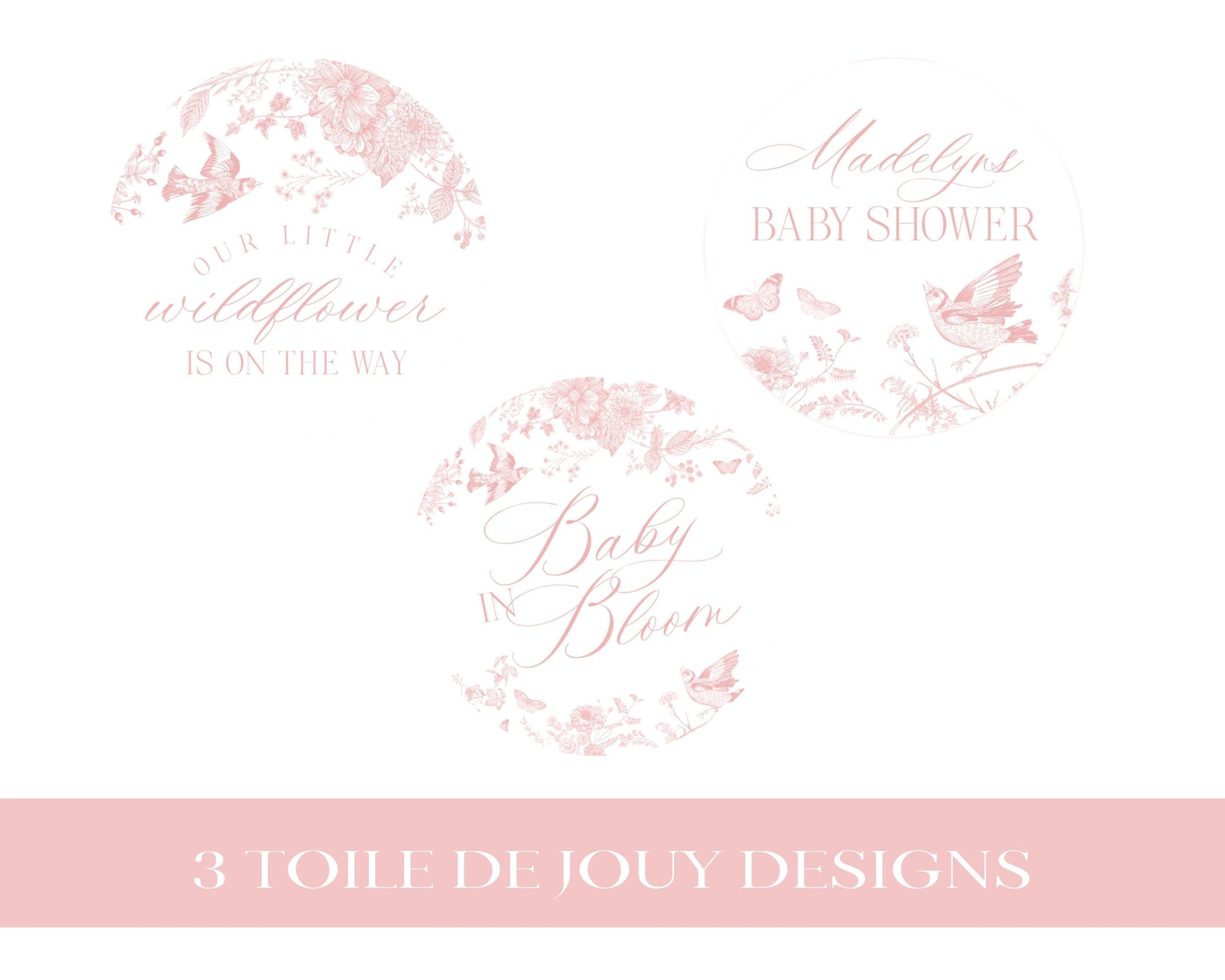 Pink Toile De Jouy Baby Shower Cupcake Toppers Template, Wildflower Chinoiserie Baby Sprinkle Girl, French Floral Shower Baby in Boom WP1011