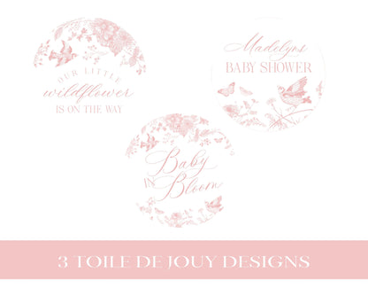 Pink Toile De Jouy Baby Shower Cupcake Toppers Template, Wildflower Chinoiserie Baby Sprinkle Girl, French Floral Shower Baby in Boom WP1011