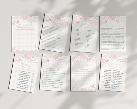 Pink Toile De Jouy Bridal Shower Games Set Printable Template, Wildflower Chinoiserie Bridal Brunch French Floral, Love is in Bloom WP1011