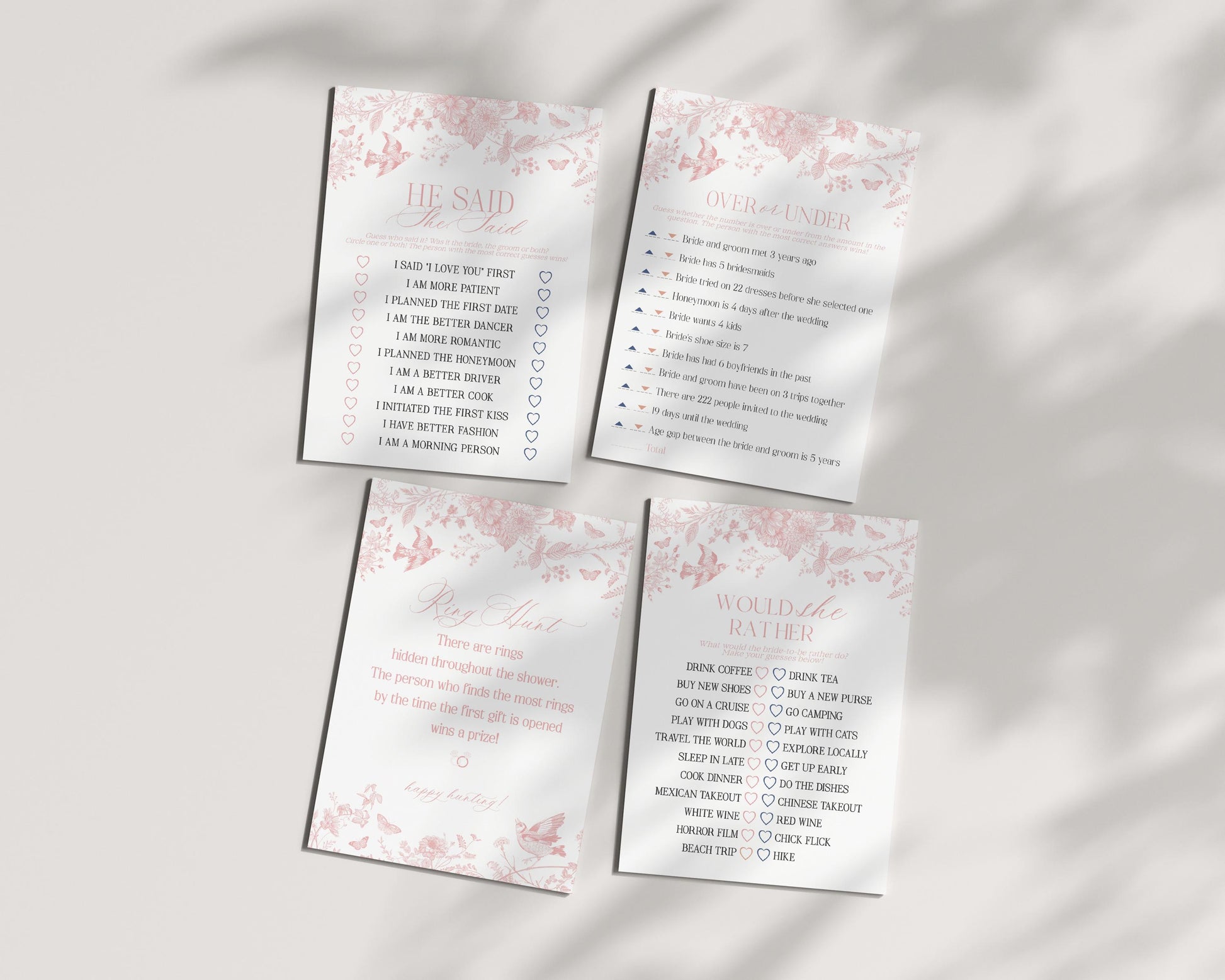 Pink Toile De Jouy Bridal Shower Games Set Printable Template, Wildflower Chinoiserie Bridal Brunch French Floral, Love is in Bloom WP1011