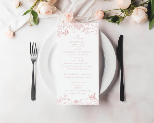 Pink Toile De Jouy Printable Wedding Menu Template, Wildflower Chinoiserie Bridal Brunch French Floral Wedding, Love is in Bloom WP1011