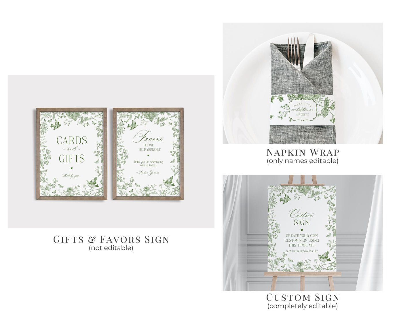 Green Toile De Jouy Baby Shower Printable Bundle, Baby in Bloom Wildflower Chinoiserie Baby Brunch Olive Toile Butterflies and Birds WP1007