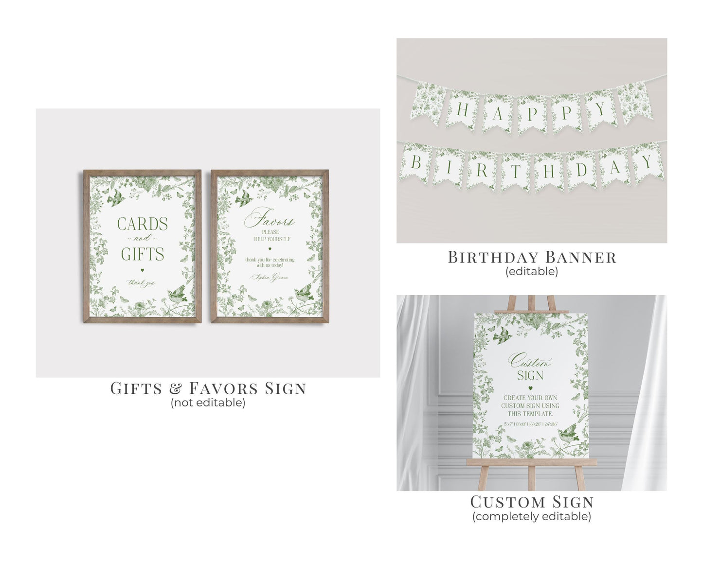 Green Toile De Jouy First Birthday Bundle Template, Olive Chinoiserie 1st Birthday Party Decor, Wildflower Toile Butterflies Birds WP1007