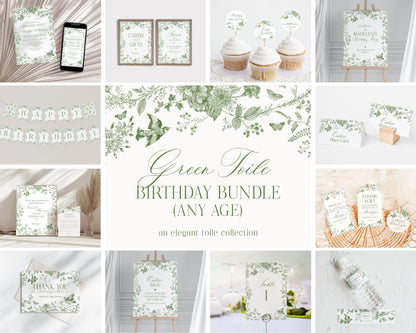 Green Toile De Jouy Birthday Bundle Printable Template, Olive Chinoiserie Birthday Party Decor, Wildflower Toile Butterflies Birds WP1007