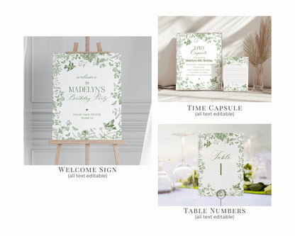 Green Toile De Jouy Birthday Bundle Printable Template, Olive Chinoiserie Birthday Party Decor, Wildflower Toile Butterflies Birds WP1007