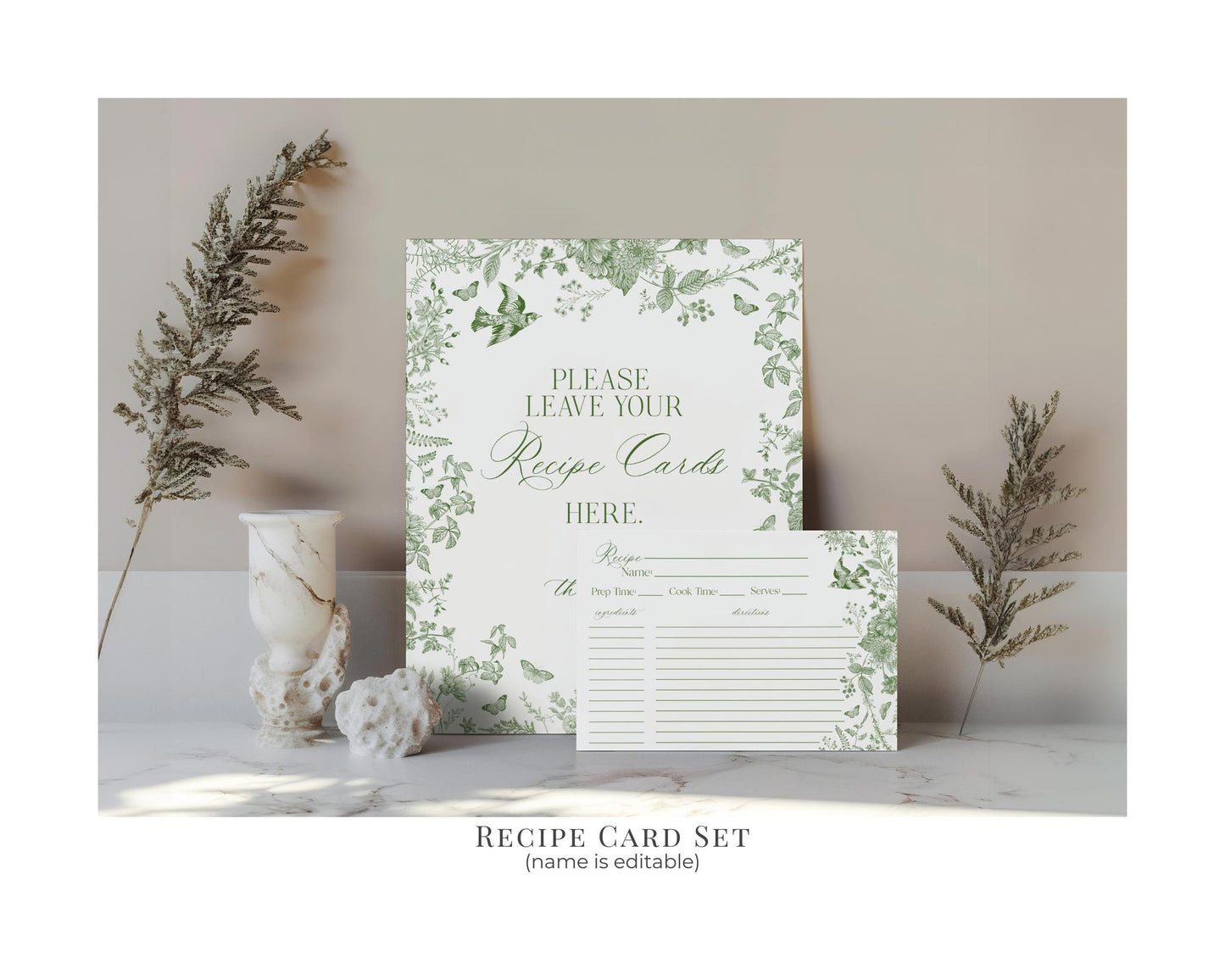 Green Toile De Jouy Bridal Shower Printable Bundle, Olive Chinoiserie French Theme Wedding Sage Wildflower Bridal Brunch WP1007