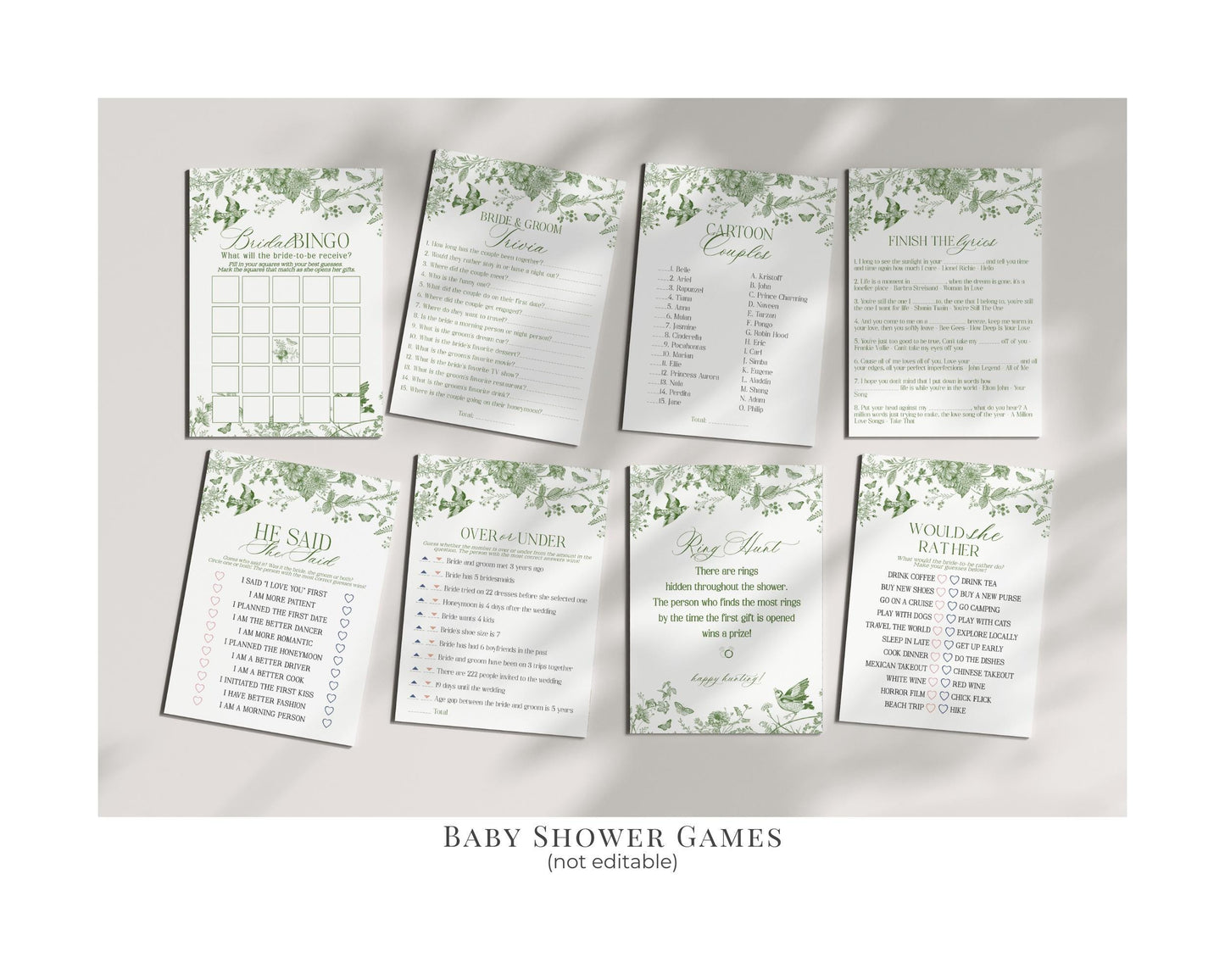 Green Toile De Jouy Bridal Shower Printable Bundle, Olive Chinoiserie French Theme Wedding Sage Wildflower Bridal Brunch WP1007