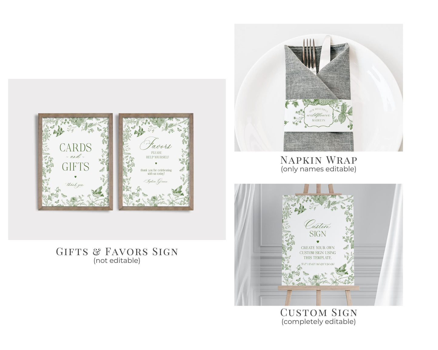 Green Toile De Jouy Bridal Shower Printable Bundle, Olive Chinoiserie French Theme Wedding Sage Wildflower Bridal Brunch WP1007