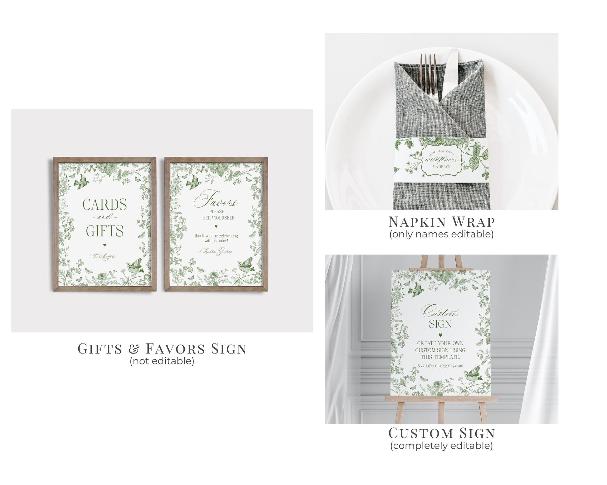 Green Toile De Jouy Bridal Shower Printable Bundle, Olive Chinoiserie French Theme Wedding Sage Wildflower Bridal Brunch WP1007