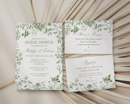 Green Toile De Jouy Bridal Shower Printable Bundle, Olive Chinoiserie French Theme Wedding Sage Wildflower Bridal Brunch WP1007