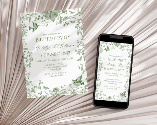 Green Toile De Jouy Birthday Invitation Printable Template, Olive Chinoiserie Birthday Party Decor Wildflower Toile Butterflies Birds WP1007