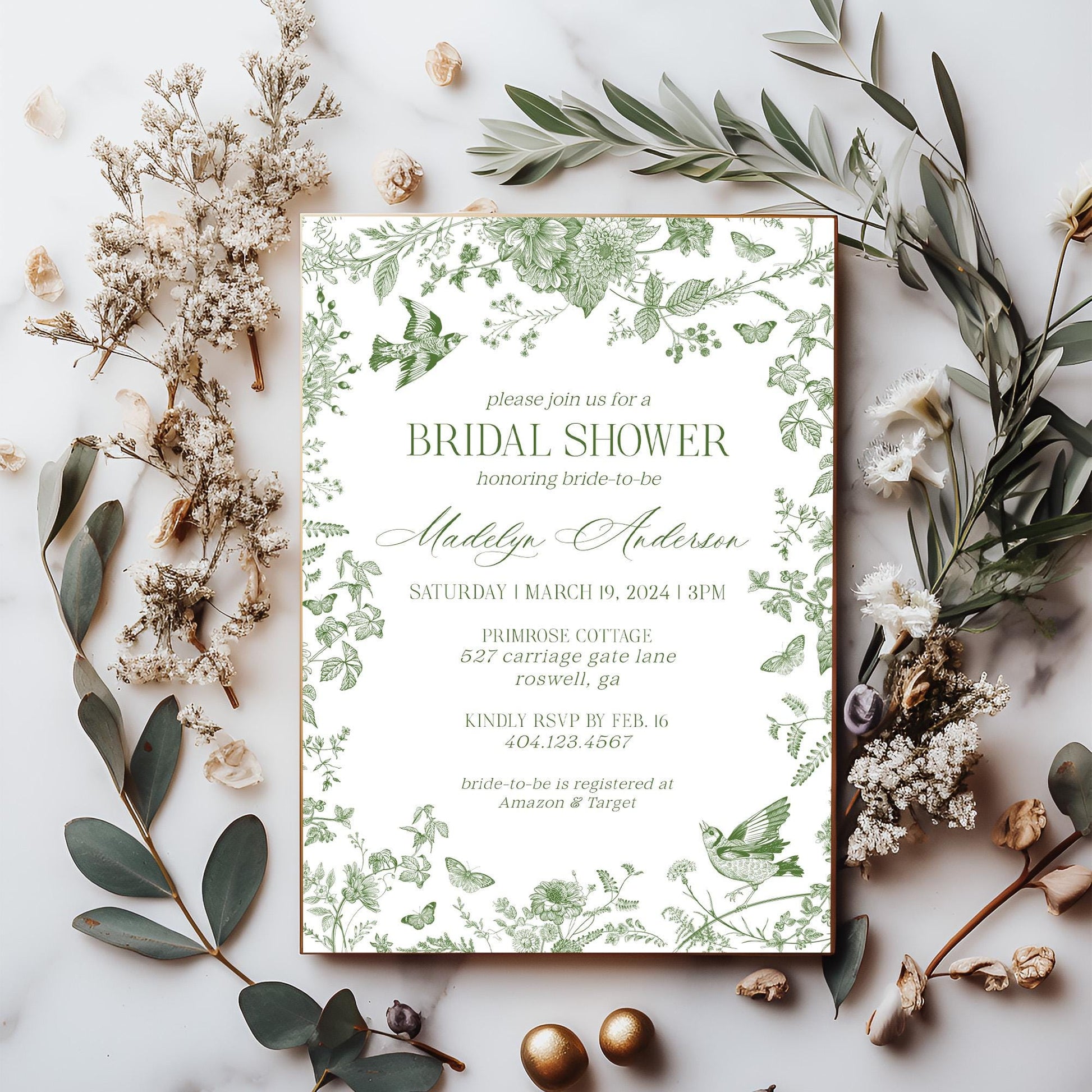 Green Toile De Jouy Bridal Shower Invitation Bundle Template, Olive Chinoiserie French Theme Wedding Sage Wildflower Bridal Brunch WP1007