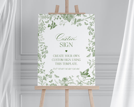 Green Toile De Jouy Custom Sign Printable Template Baby Shower, Olive Chinoiserie French Theme Wedding Sage Wildflower Bridal Shower WP1007